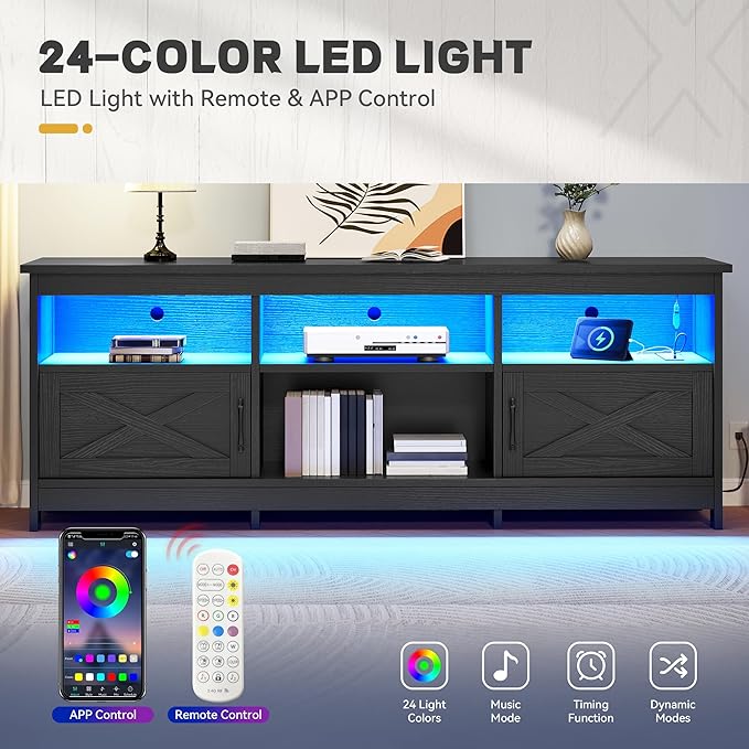 YITAHOME TV Stand for 80/75/70 Inch TVs with LED Lights, Farmhouse Entertainm...