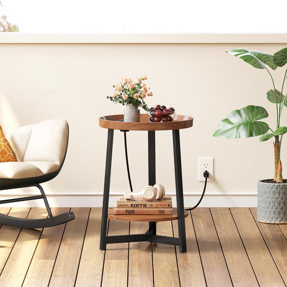 2-Tier Round End Table with Charging Station and Industrial Sofa Side Table,R...