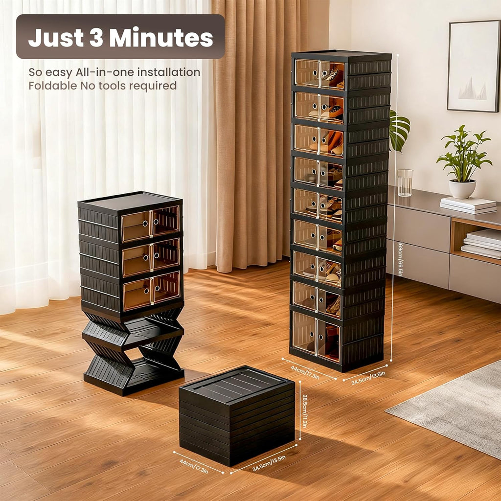Foldable Shoe Organizer Storage Box Set of 2, Portable Extra Large Folding Shoe Rack for Closet, Shoe Storage Box with Magnetic Transparent Door and Wheels, 9 Layers 18 Grids with 2 Big Grids