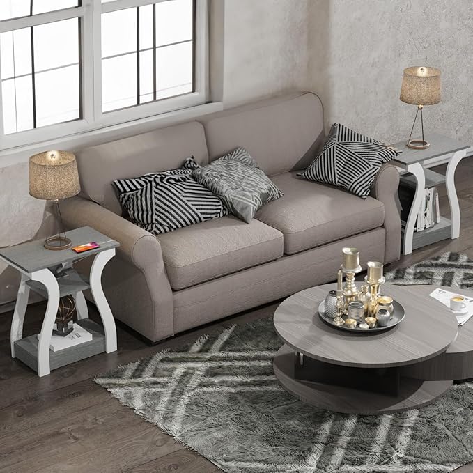 End Tables Living Room Set of 2,Grey End Table with Charging Station,Grey Sid...