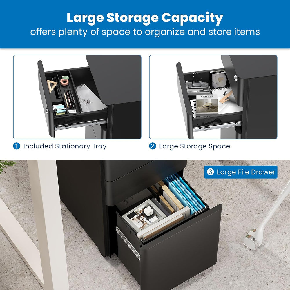 Mount-It! Slim 3 Drawer Rolling File Cabinet with Lock, Mobile Metal Filing C...