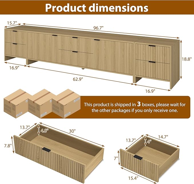 Fluted TV Stand for Living Room, Modern TV Console with 6 Drawers,Wood Entertainment Center with Storage Cabinets & Adjustable Shelves for Living Room, for TVs up to 100",Natural Oak