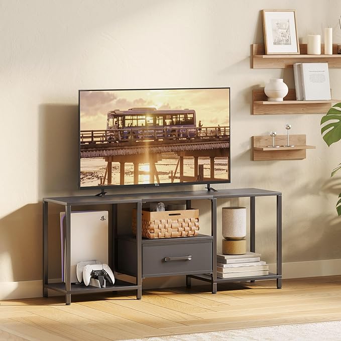 TV Stand with Fabric Drawer for 55 Inch TV, Entertainment Center with Open Sh...