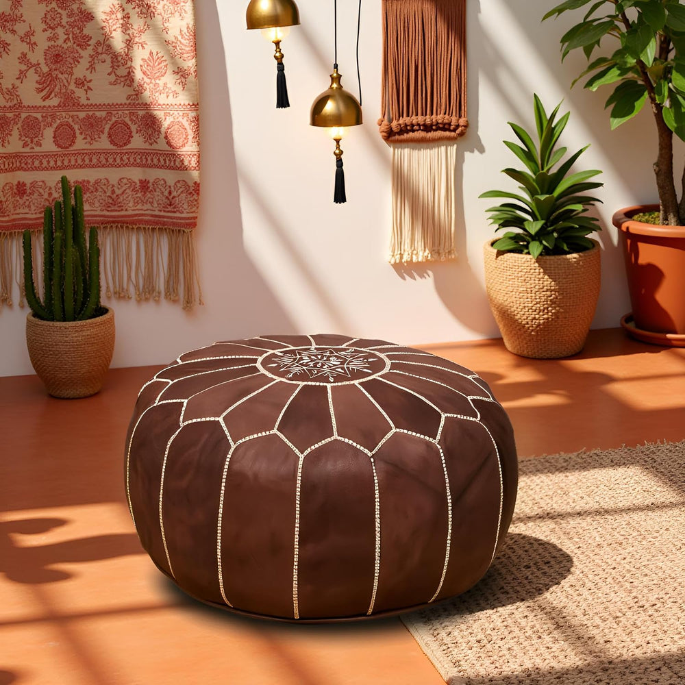 Stuffed Round Design Moroccan Leather Pouf Ottoman, Handmade, Pre-Filled, 100...