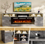 80" Fireplace TV Stand with Power Outlet, Entertainment Center with 36" Fireplace for TVs Up to 90", Modern TV Console for Living Room with High Gloss Storage Cabinet & LED Lights, Gray-Black