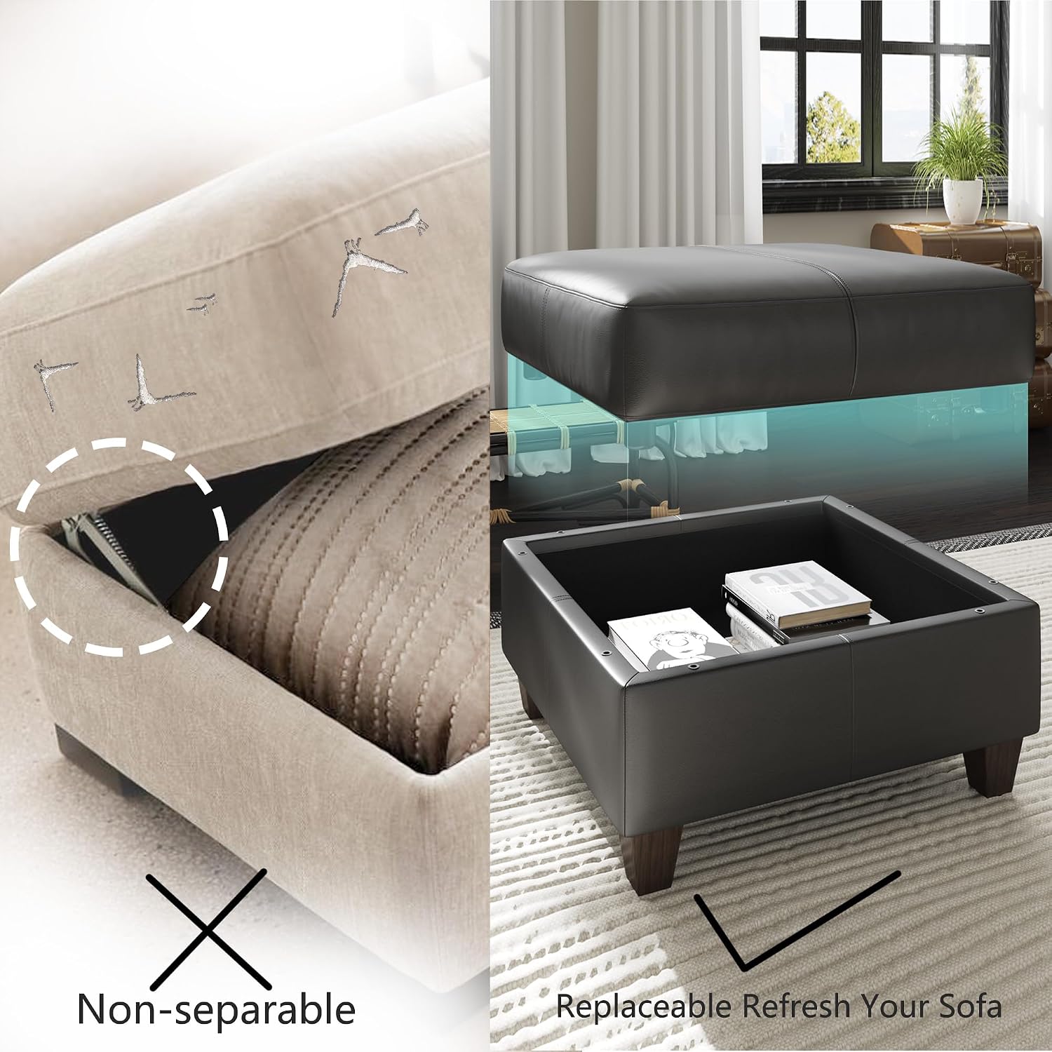 EASE MOOSE Faux Leather Sectional Couch with Storage,Black U Shaped Faux Leather Modualr Sofa Couch，with Storage