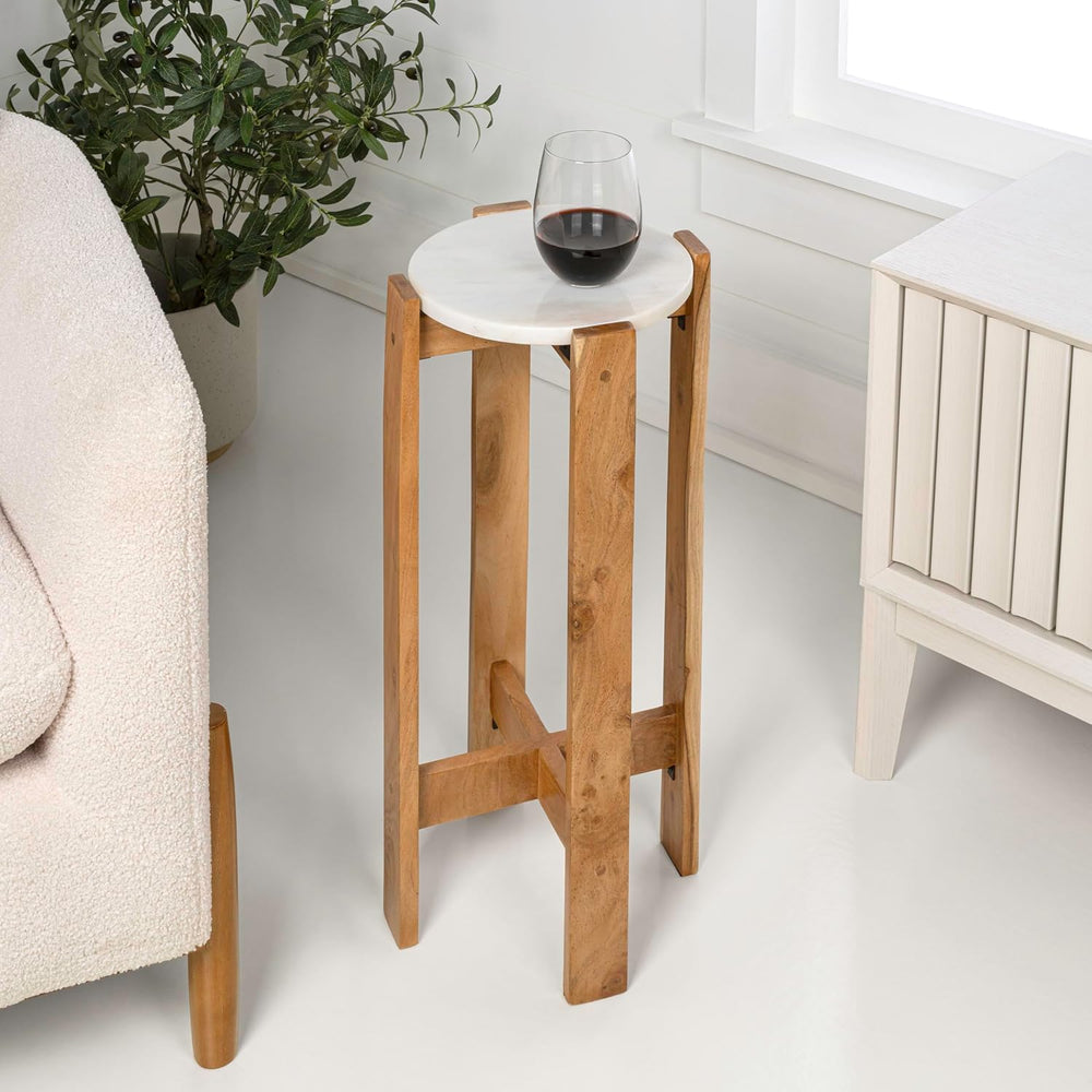 JONATHAN Y Elena 24" Acacia Wood Round Drink Table with Glossy Top, Mini...