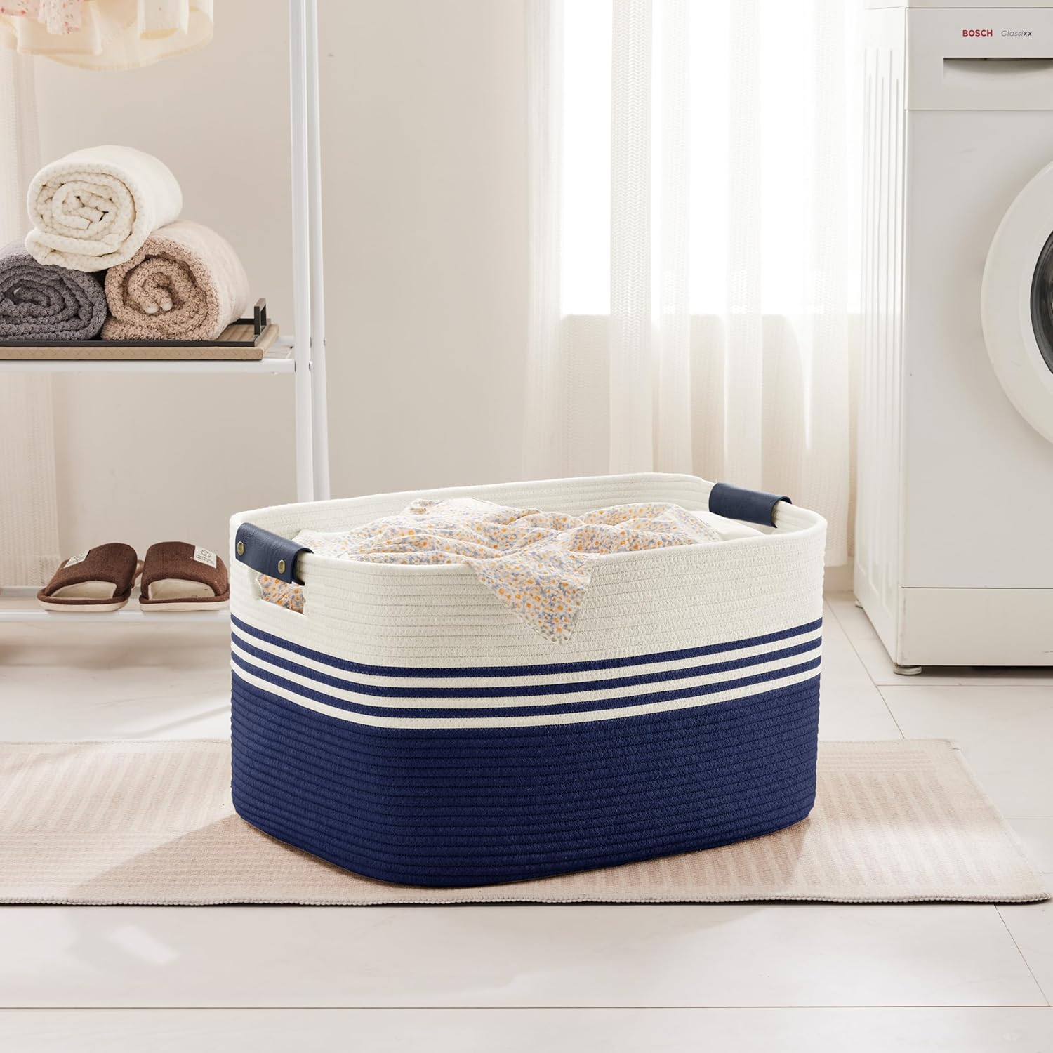 72L Large Laundry Basket with Leather Handles for Living Room Storage, Woven Rope Baskets Bin for Blanket, Kids Toy, Gifts, Wicker Hamper for Bedroom Dirty Clothes, 22"x17"x12" White Navy
