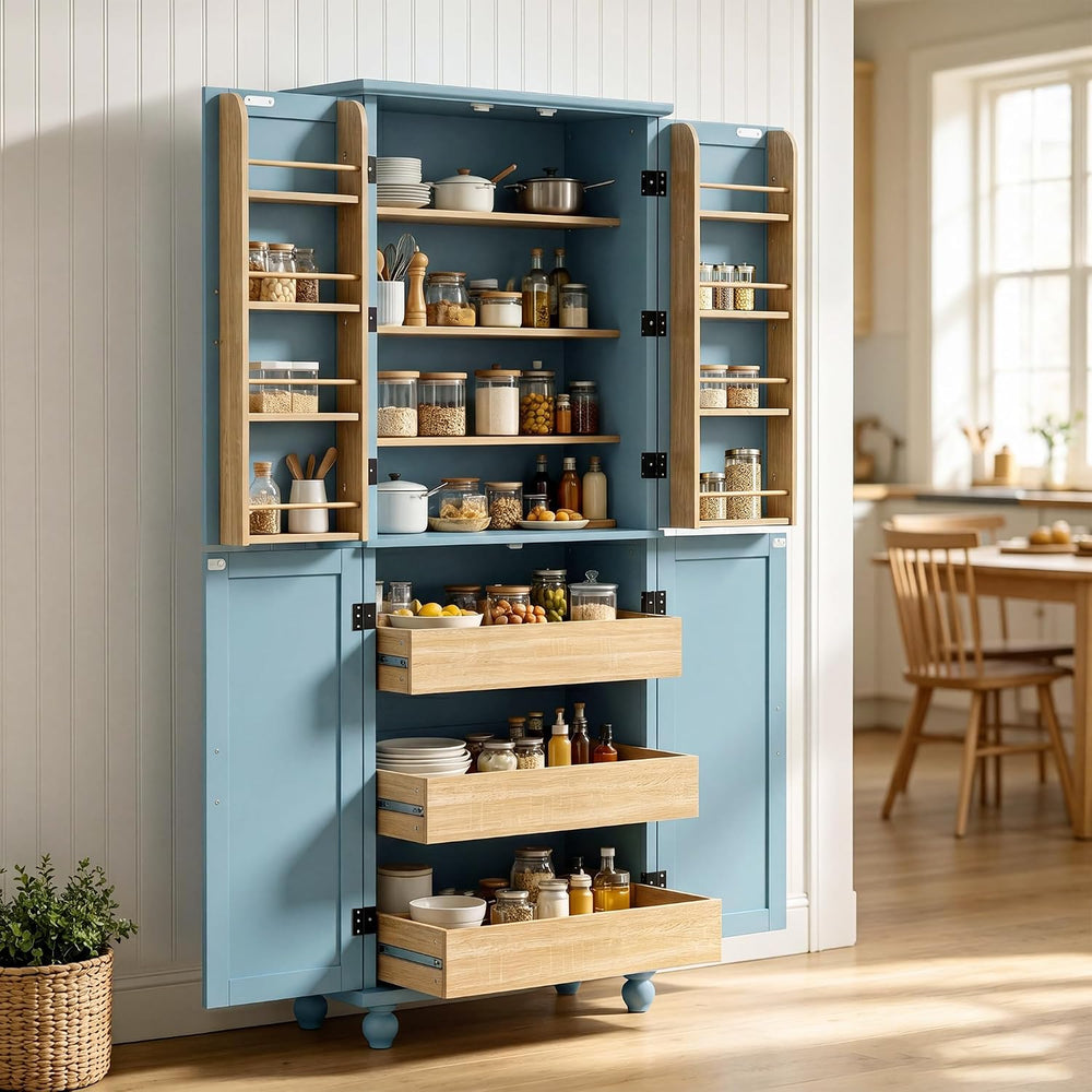 Scurrty Vintage Kitchen Pantry Cabinet with Drawers and Door Shelves, Blue | ...
