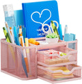 Marbrasse Mesh Desk Organizer, Pen Organizer with 2 Drawer, Multi-Functional Pencil Holder, Desk Organizers and Accessories with 5 Compartments + Drawer for Office Art Supplies (Pink)