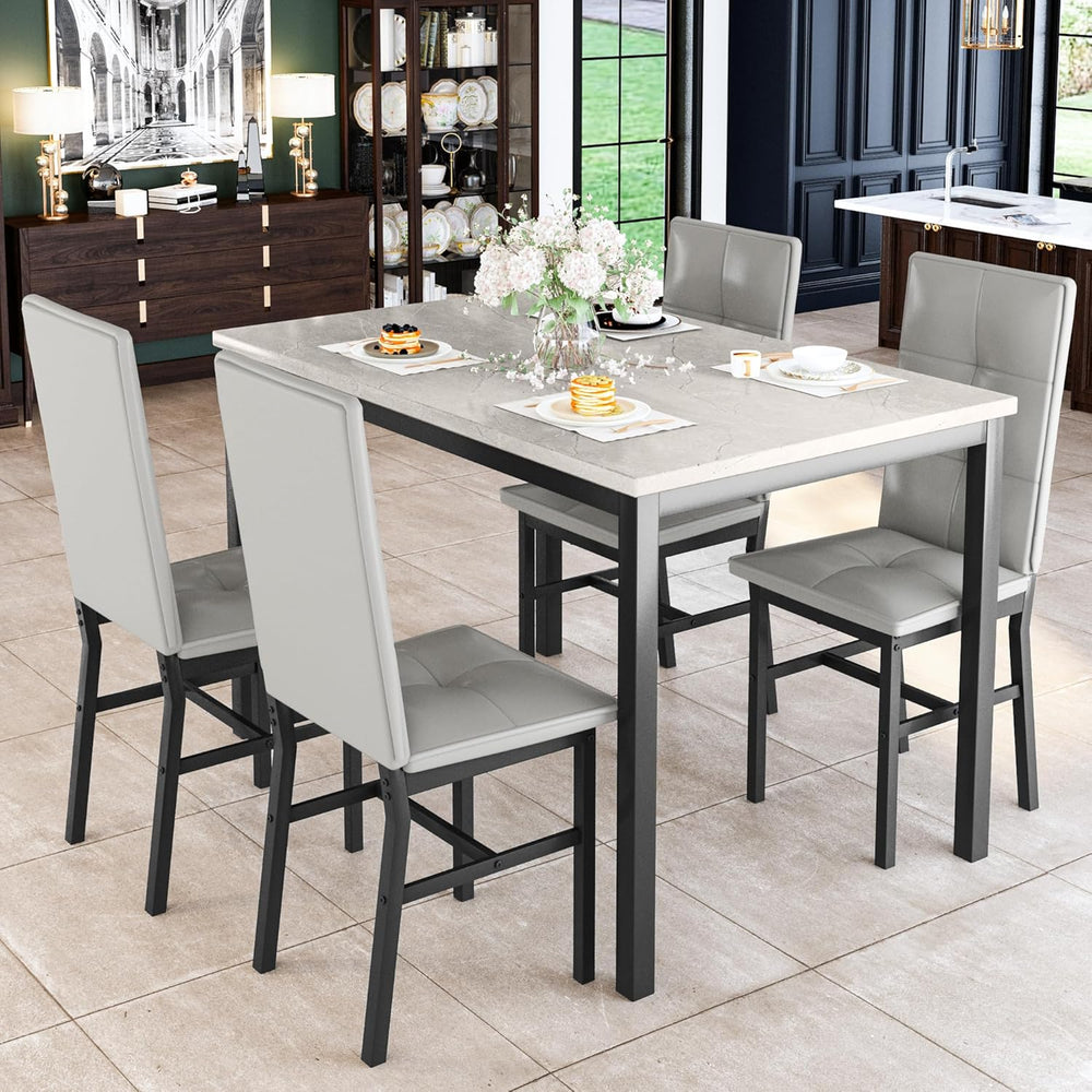 Hooseng Dining Table Set for 4, Faux Marble Small Kitchen Table with 4 PU Lea...