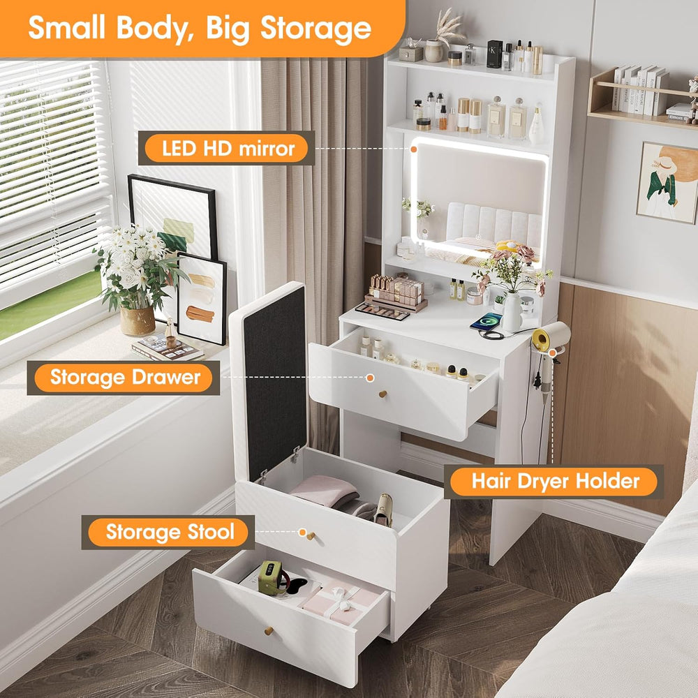 Make Up Vanity Desk with Mirror and Lights,Small Vanity With Storage Chair | ...