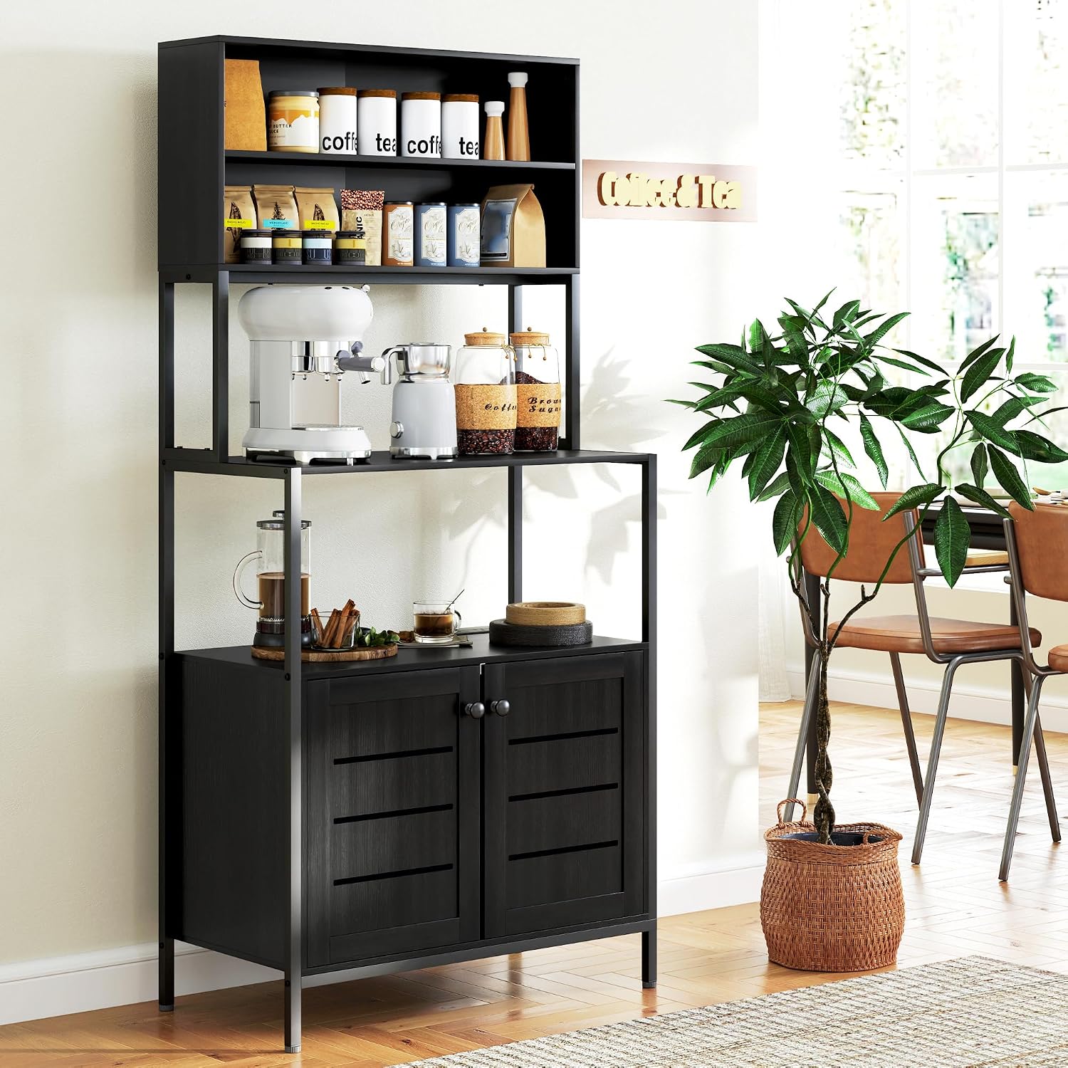HOMCOM Kitchen Bakers Rack with Power Outlet, Coffee Bar Cabinet, Black | Microwave Stand, Storage Shelves, Louvred Door Cabinets, 31.5" x 16.5" x 67.3"