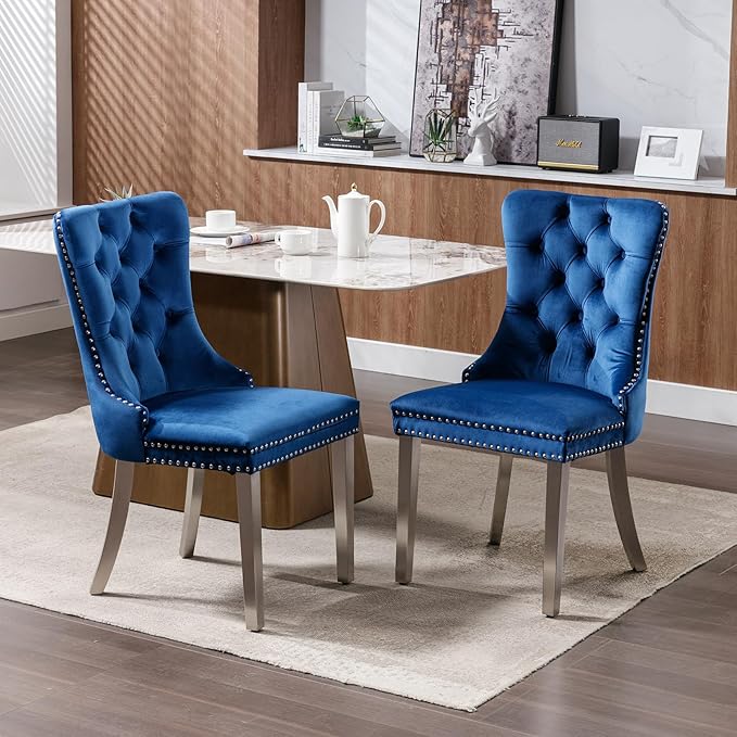 Mid Century Modern Dining Chairs Set of 6, Blue Velvet Upholstered Tufted Back, Kitchen & Dining Room Chairs, Brushed Silver Metal Legs, Nailhead Trim, Sillas para Comedor (Blue, 6 Pcs)