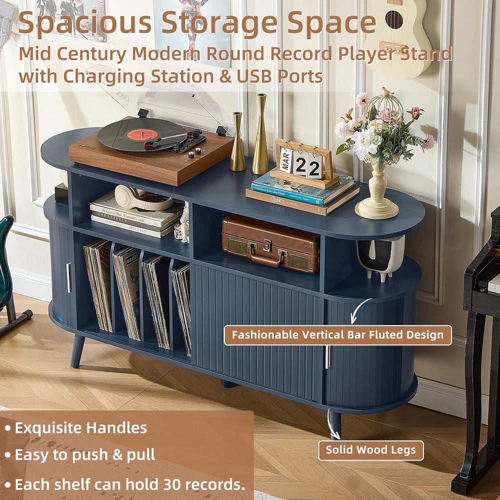 LELELINKY Extra Large Round Record Player Stand with Charging Station | Mid C...