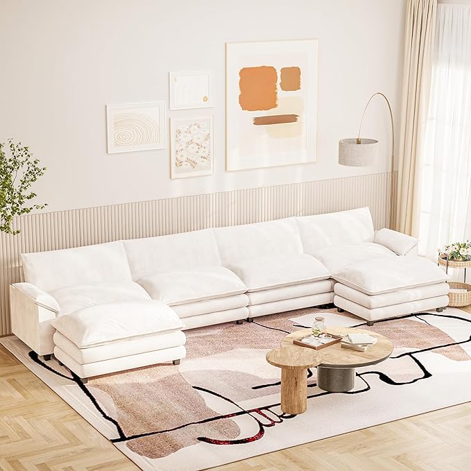 Furniwell 159" Modern Couches Sectional Sofa with Movable Ottoman, U Shaped Sofa Couch with Comfy Chenille and Deep Seat, 4-Seat Cloud Couch for Living Room, Bedroom and Apartment