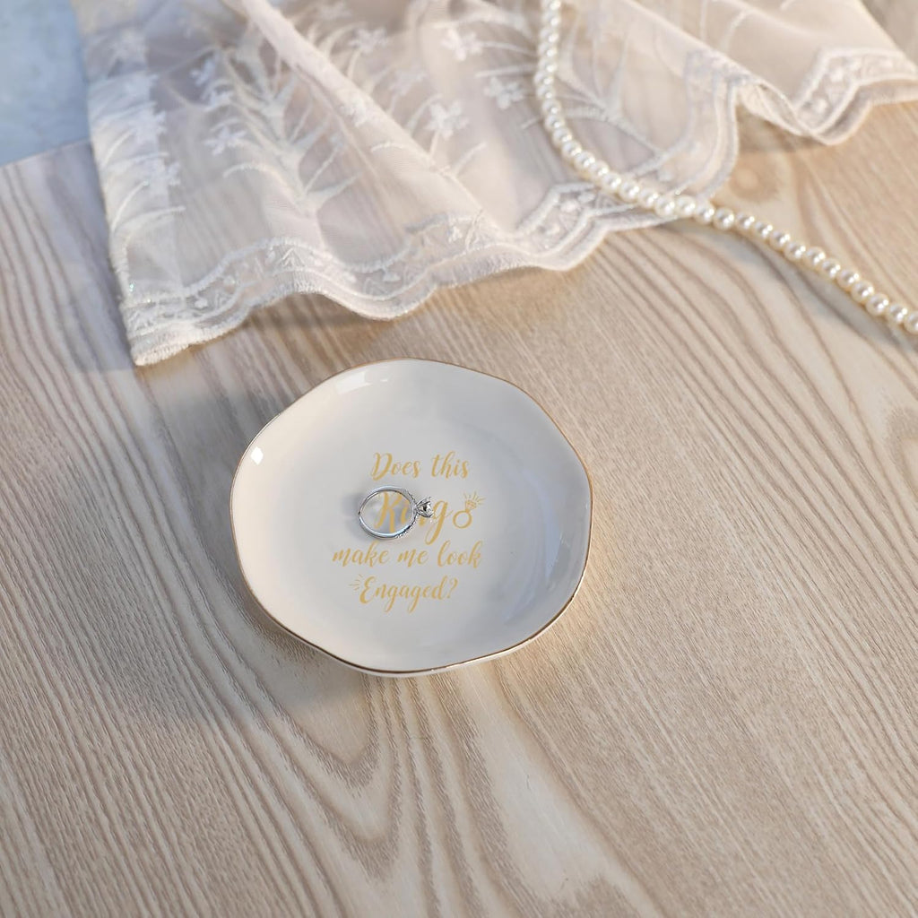 HOME SMILE Engaged Ring Dish-Does This Ring Make Me Look Engaged Trinket Dish- Engagement Gifts for Women,Ceramic White