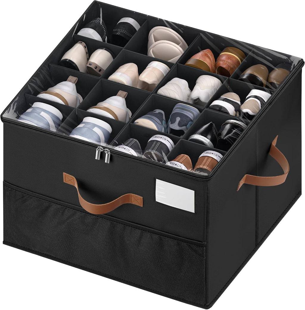 Shoe Organizer for Closet, 1 Pack Shoe Storage Container with Adjustable Dividers, Space Saving Shoe Box Storage Organizer Bin with Clear Lid and 4 Handles, Fits 8-16 Pairs, Pure Black