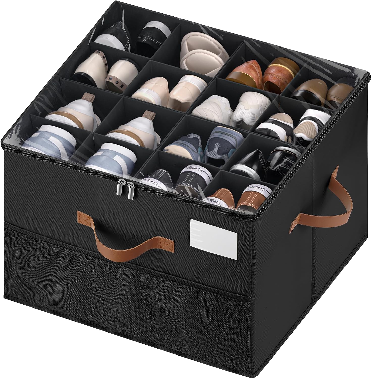 Shoe Organizer for Closet, 1 Pack Shoe Storage Container with Adjustable Dividers, Space Saving Shoe Box Storage Organizer Bin with Clear Lid and 4 Handles, Fits 8-16 Pairs, Pure Black