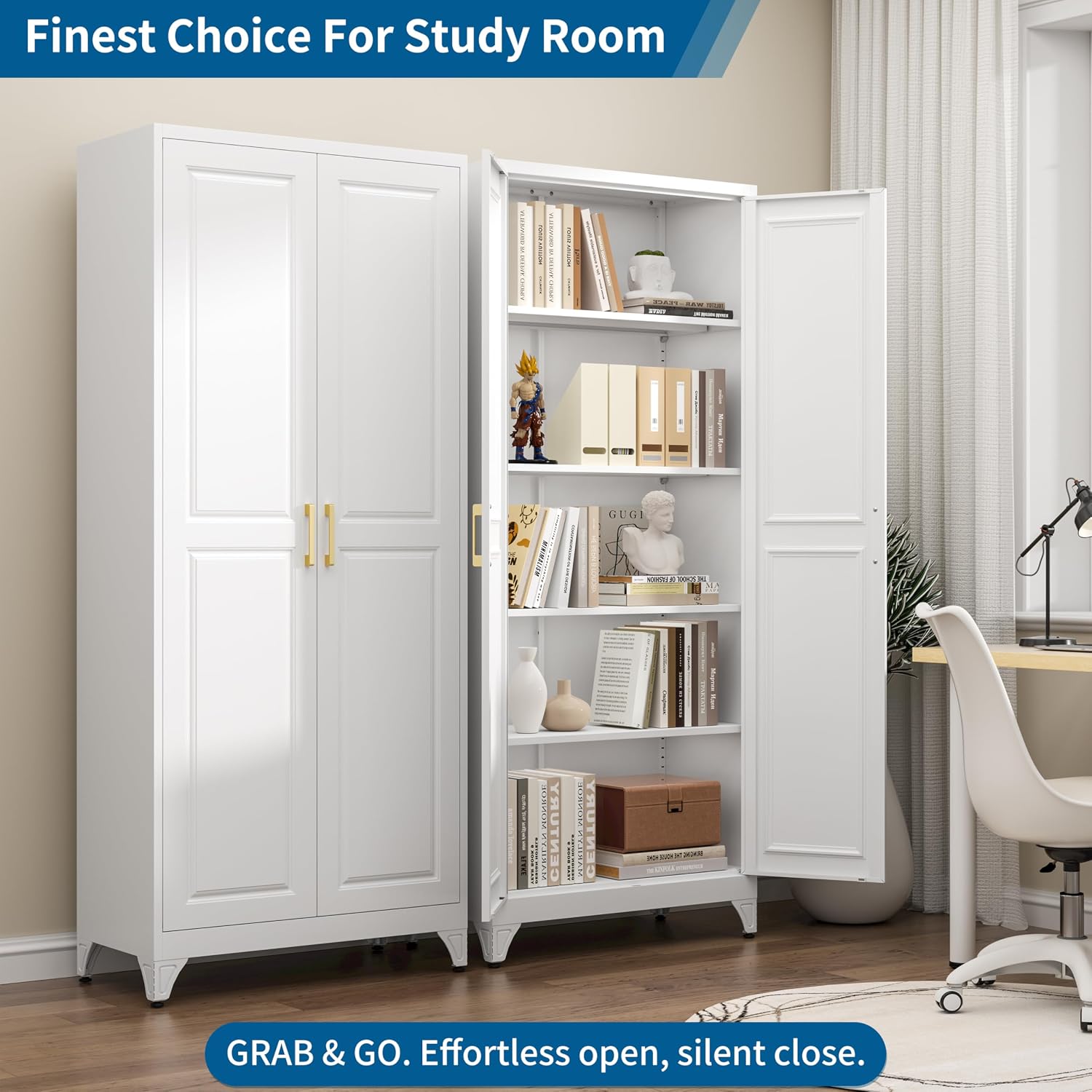 75" Tall White Metal Storage Cabinet with Doors, Heavy Duty | Freestanding Steel Kitchen Pantry Cabinet, 4 Adjustable Shelves (180 Lbs Load), Tall Cabinets for Home, Office and Garage