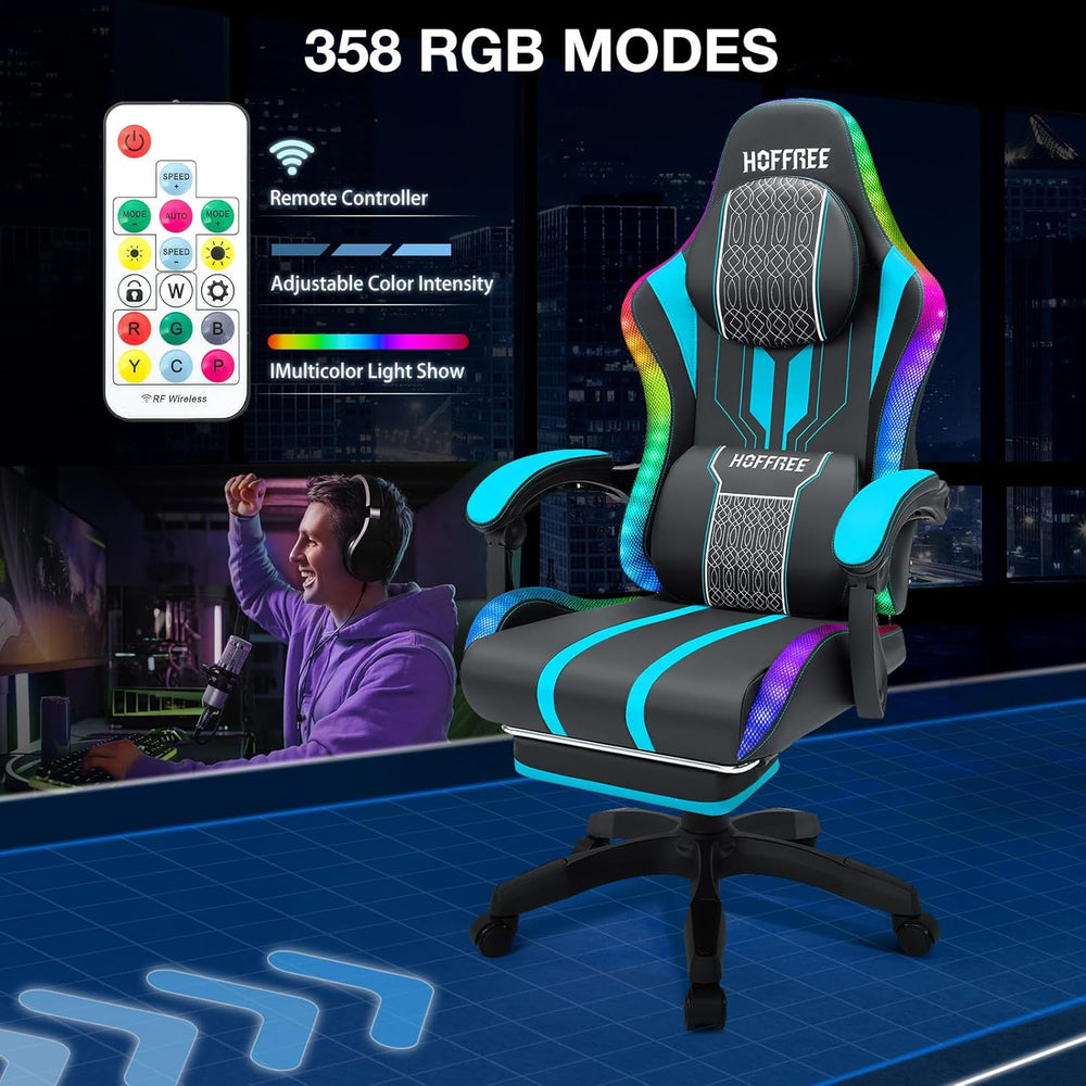 HOFFREE Led Gaming Chair with Speakers and Massage Video Game Chair Big and T...
