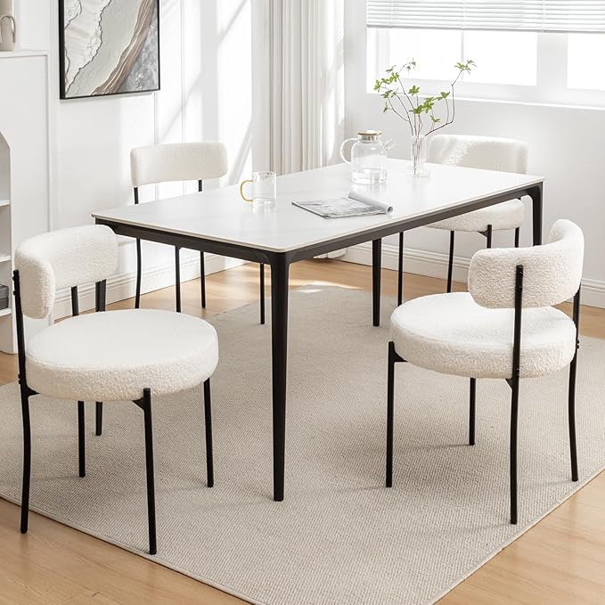 Boucle Dining Chairs Set of 4, Mid Century Modern Dining Room Chairs with Metal Legs, Upholstered Kitchen Chairs for Dining Room, Kitchen (White)