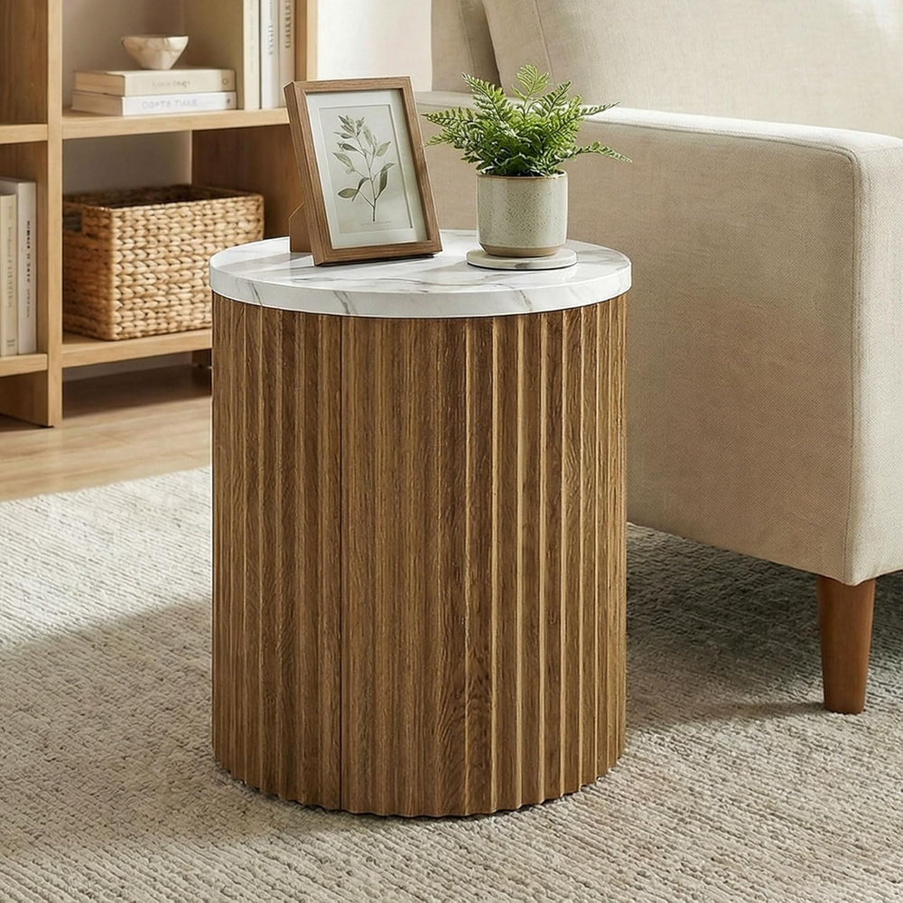 23.6-inch Round Side Table with Faux Marble Top, Drum Shape & Fluted Base...