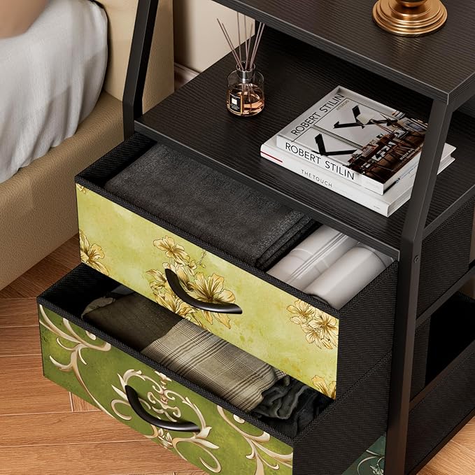 Furnulem Retro Night Stand with 3 Drawers and 2-Tier Shelf, Small Nightstand ...