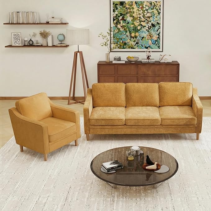 Kingfun Living Room Furniture Sets, 3 Seater Couch and Armchair, Mid Century Modern Sofa Set, Chenille Couch with Solid Wood Frame for Living Room & Bedroom, Yellow