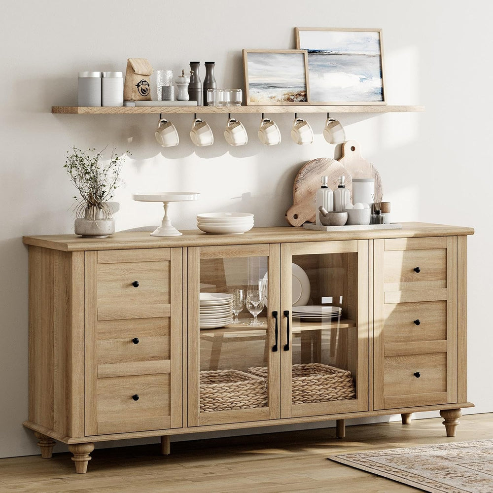 WAMPAT Farmhouse Sideboard Buffet Cabinet with Glass Door & Adjustable Sh...