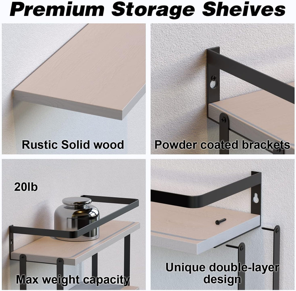 RICHER HOUSE 2+1 Tier Wall Mounted Floating Shelves Set of 2, Rustic Wood Wall Shelf with Metal Frame, Extra Storage Rack for Bathroom, Kitchen, Bedroom with Tissue Rack & Towel Bar - White