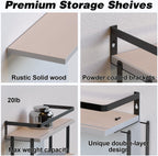RICHER HOUSE 2+1 Tier Wall Mounted Floating Shelves Set of 2, Rustic Wood Wall Shelf with Metal Frame, Extra Storage Rack for Bathroom, Kitchen, Bedroom with Tissue Rack & Towel Bar - White