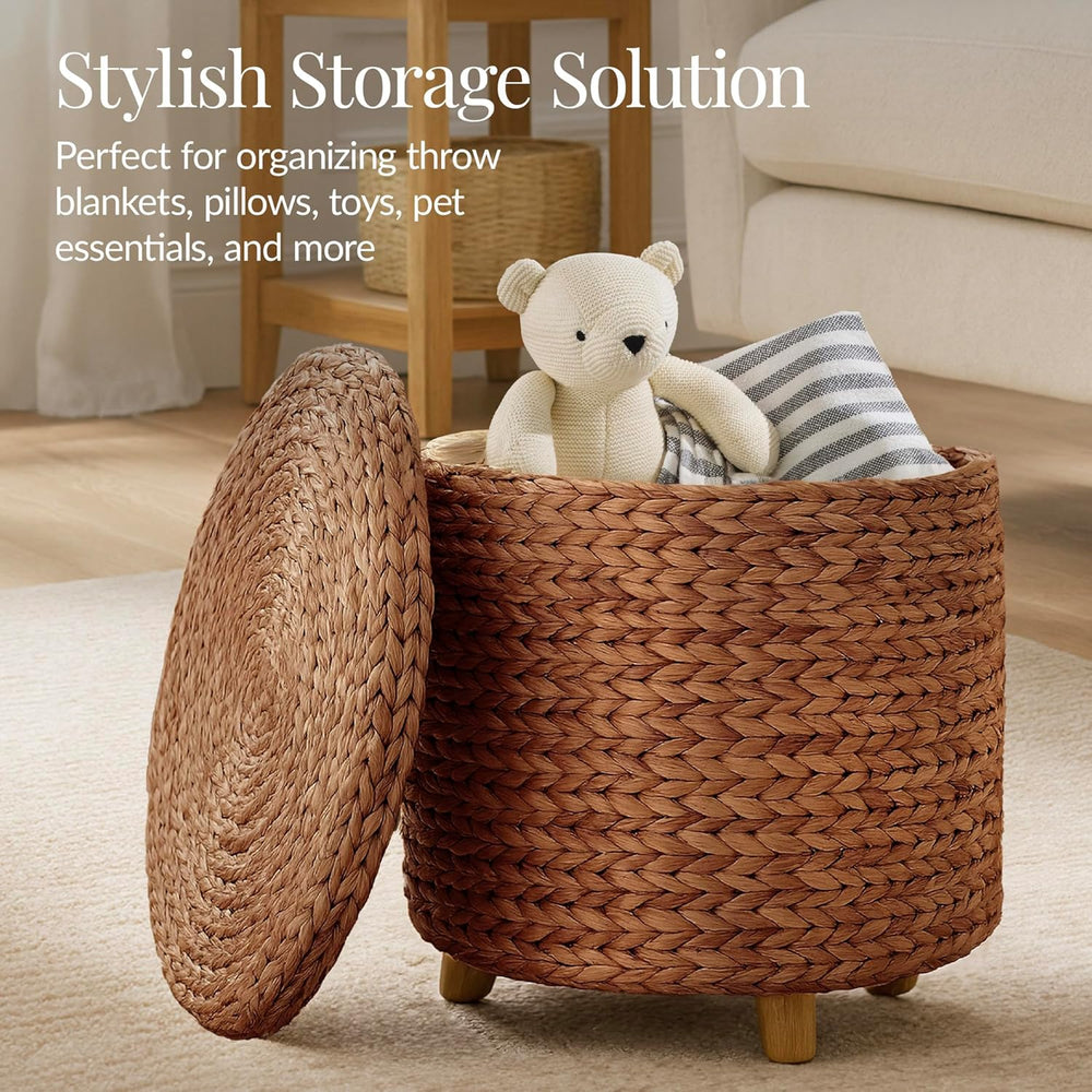 Best Choice Products 17" Round Storage Ottoman W/Lid, Handwoven Water Hy...