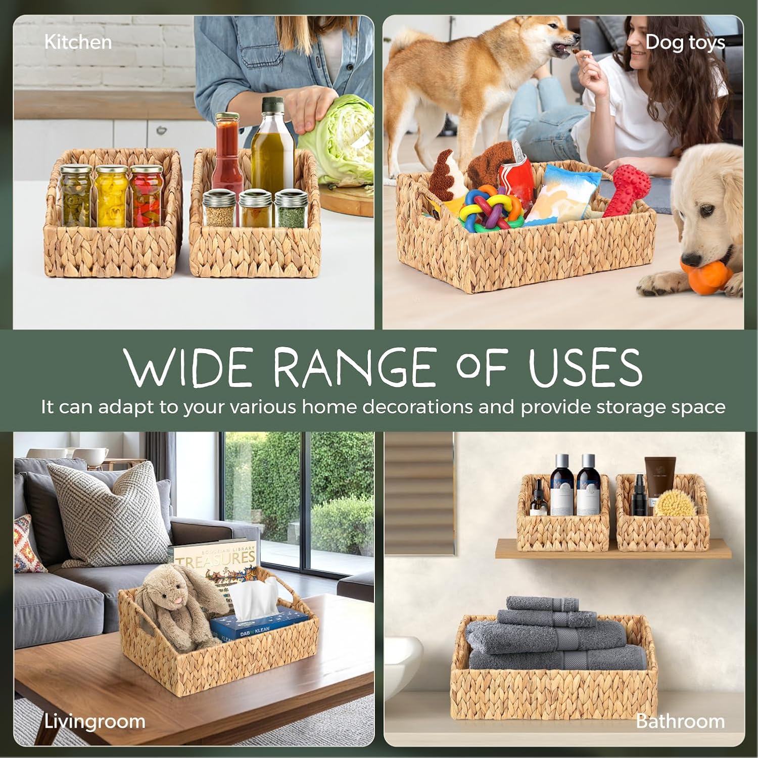 Set of 3 Handwoven Storage Baskets – Decorative Natural Wicker Organizer Bins with Built-in Handles for Bathroom, Kitchen, Pantry, Nursery, Closet, Laundry, Living Room, and Home Use