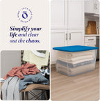 HOMZ 2-Pack Snaplock, Large Clear Plastic Storage Organizer Bins w/Lids, 56 Quart, Blue - Stackable Container Boxes for Bedroom, Bathroom, Garage, and Office Organization