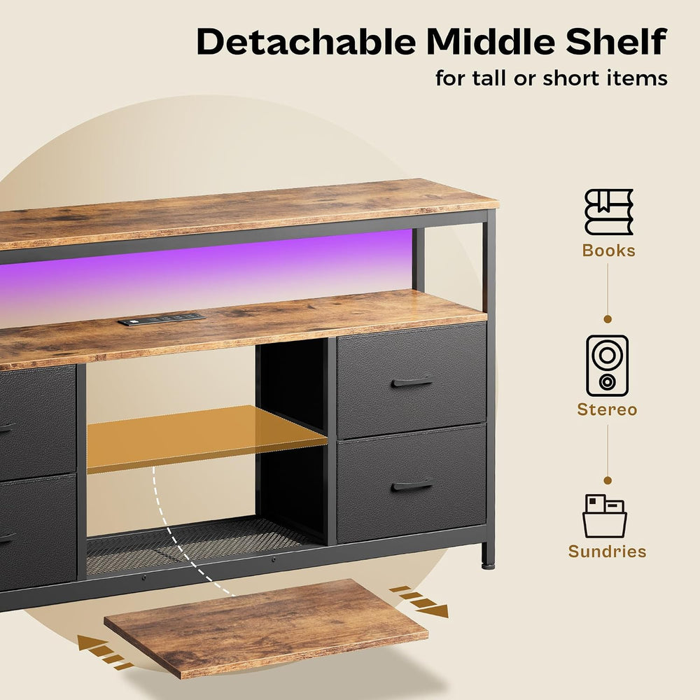 Huuger TV Stand Dresser with Power Outlets and LED Lights, 4 Drawers Entertai...