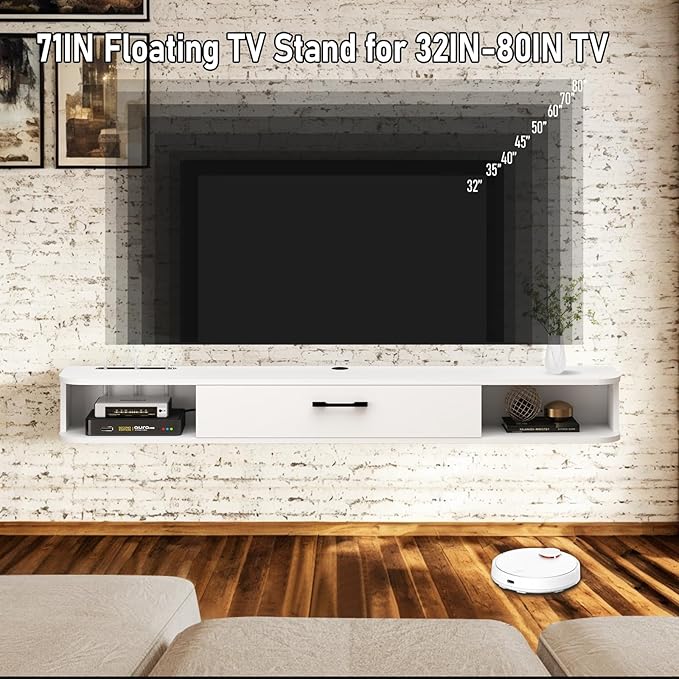 Floating TV Unit, 71'' Wall Mounted TV Cabinet, Floating Shelves with Door, Modern Entertainment Media Console Center Large Storage TV Bench for Living Room & Office (70.86IN, White)