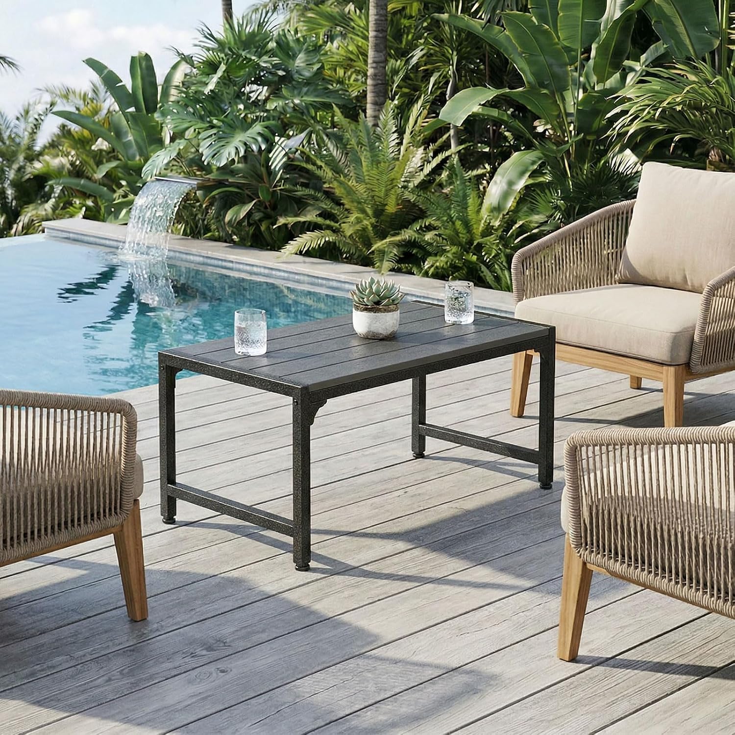 ODK Outdoor Coffee Table, Rectangle Weather-Resistant Patio Coffee Table for Garden, Balcony, Hot Tub, Poolside, Heavy-Duty Metal Frame, Grey
