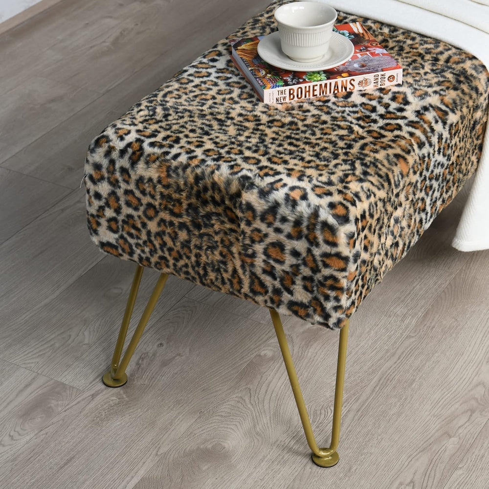 Leopard Print Rectangle Ottoman 46"x16"x17" Faux Fur Entryway ...