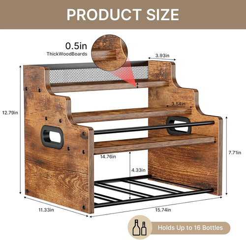 4-Tier Wood Display Shelf Wine Rack for 16 Bottles Wood Coffee Syrup Organizer with Handles Home Whiskey Shelf Retro Mini Liquor Cabinet Spice Rack Coffee Bar Shelves, Brown
