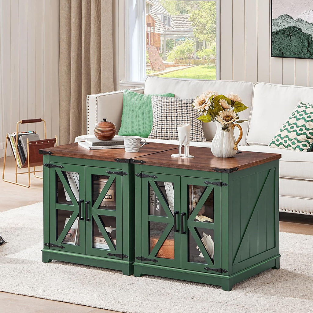 Joaxswe Farmhouse End Table with Charging Station Set 2, 24" Large Sofa Side Table with Glass Barn Door, Nightstand with Adjustable Storage Shelf, Wood Square Bedside Table for Living Room, Bedroom