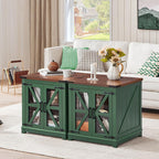 Joaxswe Farmhouse End Table with Charging Station Set 2, 24" Large Sofa Side Table with Glass Barn Door, Nightstand with Adjustable Storage Shelf, Wood Square Bedside Table for Living Room, Bedroom
