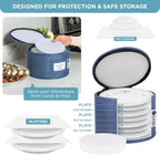 Hard Shell China Storage Containers 8-Piece Set Moving Boxes for Dinnerware, Glasses, Plates, Mugs and Saucers Sturdy Dish Organizer with Dividers for Seasonal Storage - Service for 12 - Denim Blue