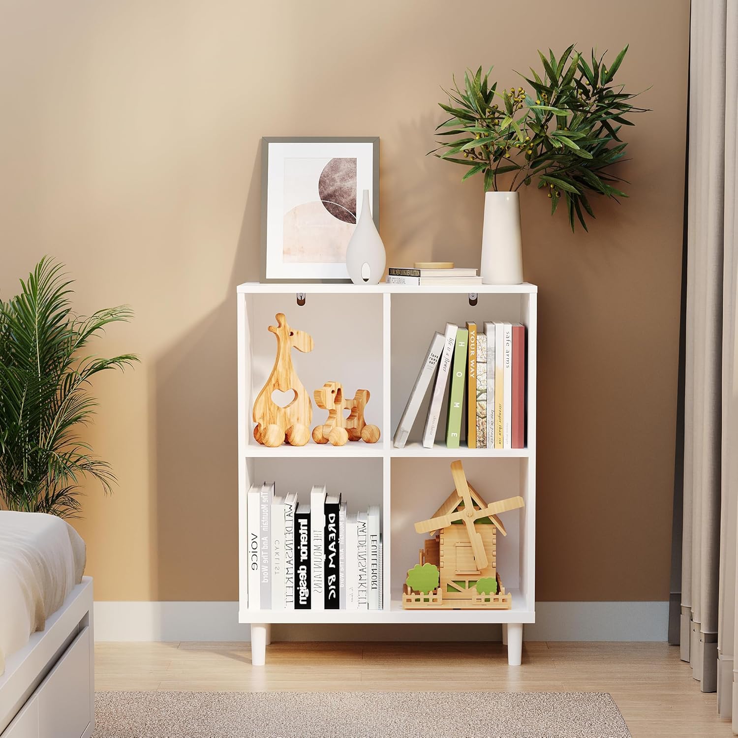 Wood Cube Storage Organizer White Bookshelf - 2-Tier Freestanding Storage Cabinet with Legs for Home Office, 4-Cubes Open Shelf