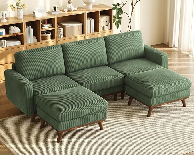 Vesgantti 97" Modular Sectional Sofa Green, U-Shaped Couch with Movable Ottoman, Comfy Corduroy Couch with Spring Cushion, Modular Sofa with Deep Seat for Living Room, Bedroom and Apartment
