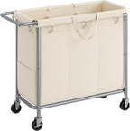 SONGMICS Laundry Basket with Wheels, 3-Section Rolling Laundry Hamper, 52.8 Gallons (200 L), Removable Liner, Steel Frame with Handle, 35.8 x 15.4 x 31.9 Inches, Cream White URLS005W01