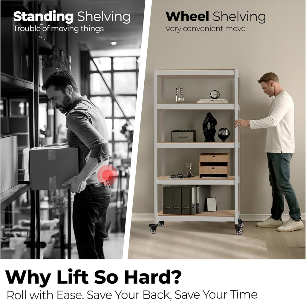 HOMEDANT House White 5-Tier Metal Rolling Cart Shelf Rack Casters Heavy Duty Wheel Shelving Unit Adjustable Utility Storage Shelves Organizer Shelf Kitchen Garage 24.4" W x 16.5" D x 62.2" H 1Pack