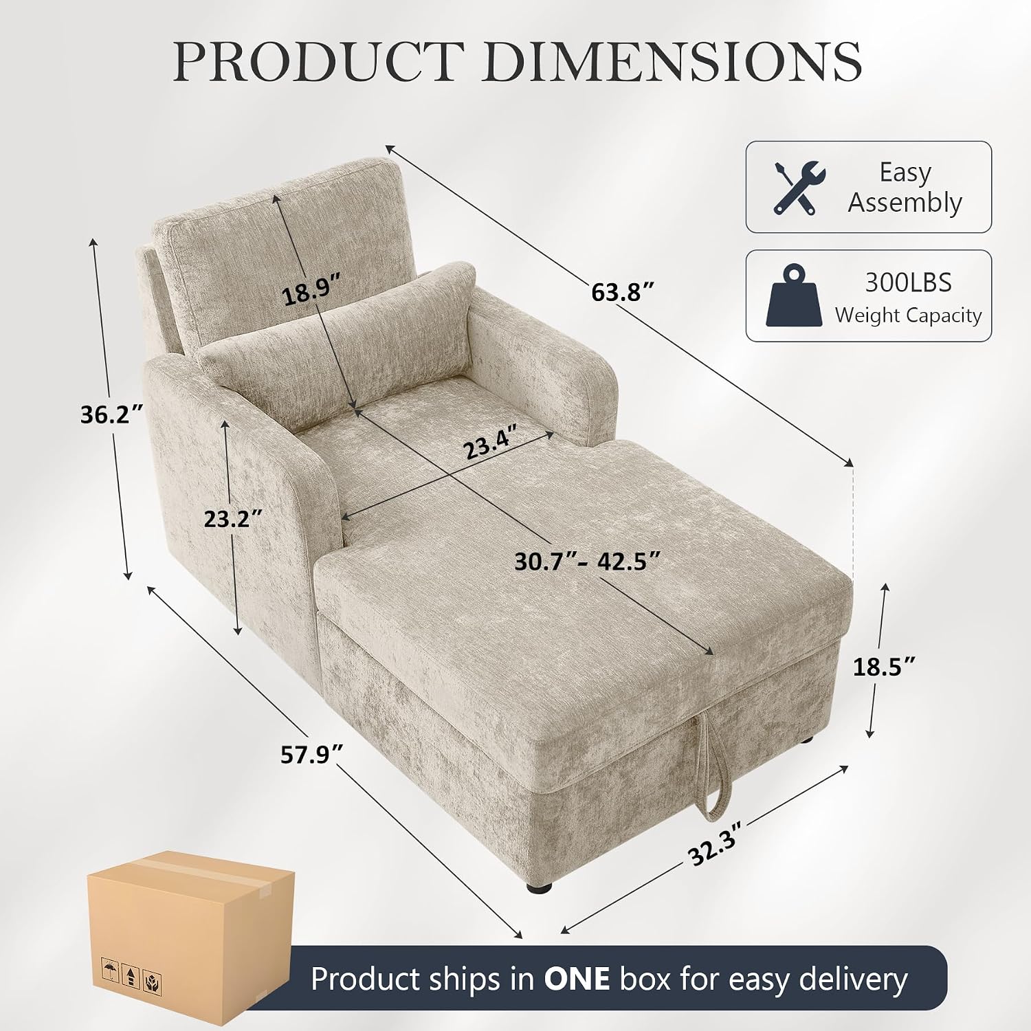 58" Oversized Chaise Lounge Chair with Storage, Chenille Camel | Adjustable Backrest, 2 Back Pillows, Comfy Reading Chair Indoor, Upholstered Sleeper Chair for Living Room, Bedroom, Office