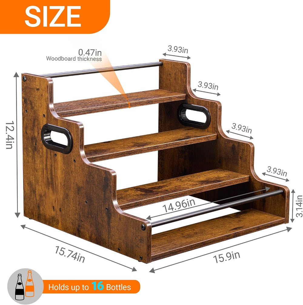 YQBRAO 4-Tier Liquor Bottle Display Shelf, 16-Inch, Rustic Brown | Holds up t...