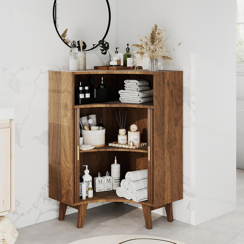 Fluted Corner Cabinet with Open Storage, Modern Floor Cabinets